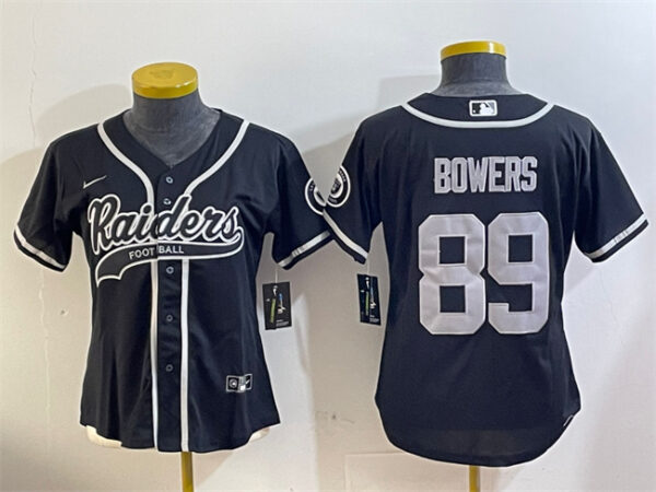 Women's Las Vegas Raiders #89 Brock Bowers Black With Patch Cool Base Stitched Baseball Jersey(Run Small)