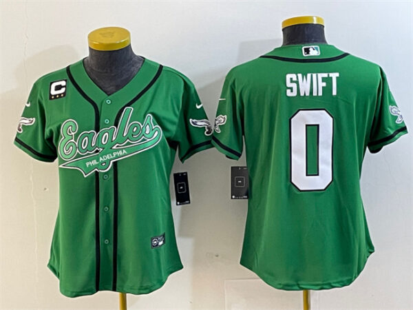 Women's Philadelphia Eagles #0 D'Andre Swift Green With 3-Star C Patch Cool Base Stitched Baseball Jersey(Run Small)