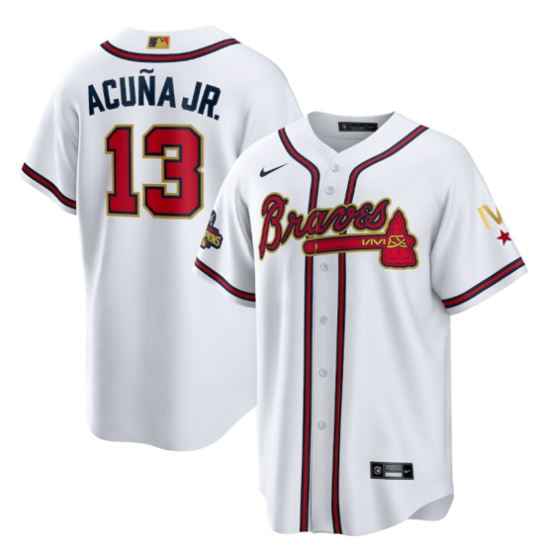 Youth Atlanta Braves #13 Ronald Acuña Jr 2022 White Gold World Series Champions Program Cool Base Stitched Jersey