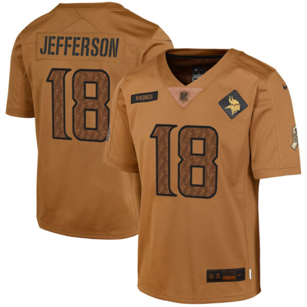 Youth Minnesota Vikings #18 Justin Jefferson 2023 Brown Salute To Service Limited Stitched Football Jersey