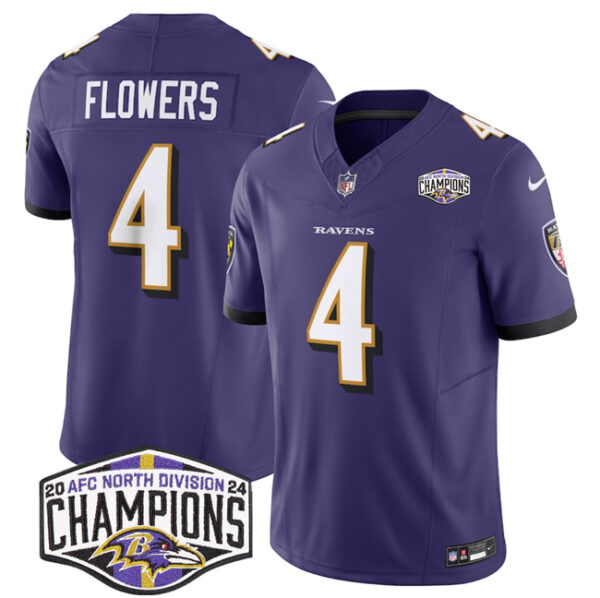 Men's Baltimore Ravens #4 Zay Flowers Purple F.U.S.E 2024 AFC North Division Champions Vapor Limited Football Jersey