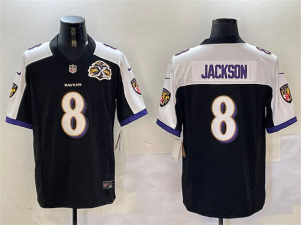 Men's Baltimore Ravens #8 Lamar Jackson Black White 2023 F.U.S.E With Patch Throwback Vapor Limited Jersey