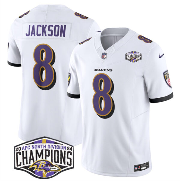 Men's Baltimore Ravens #8 Lamar Jackson White F.U.S.E 2024 AFC North Division Champions Vapor Limited Football Jersey