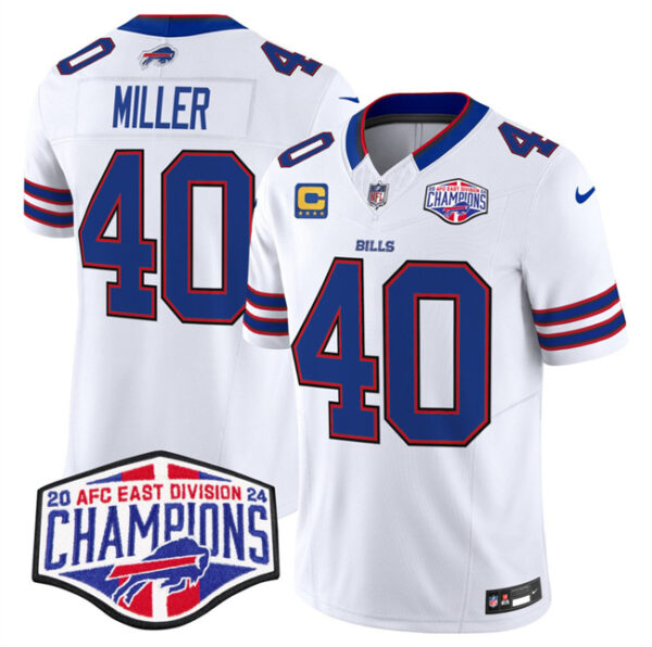 Men's Buffalo Bills #40 Von Miller White F.U.S.E. 2024 AFC East Division Champions With 4-Star C Ptach Vapor Limited Stitched Football Jersey