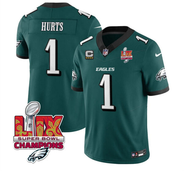 Men's Philadelphia Eagles #1 Jalen Hurts Green 2025 Eagles Logo Super Bowl LIX Patch With 4-Star C Patch New F.U.S.E. Vapor Untouchable Limited Stitched Football Jersey