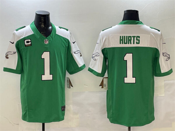 Men's Philadelphia Eagles #1 Jalen Hurts Green White F.U.S.E. 4-Star C Patch Vapor Untouchable Limited Stitched Football Jersey