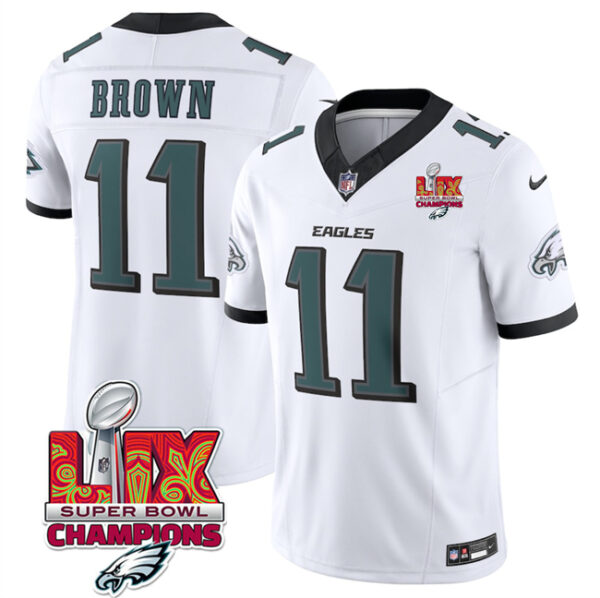 Men's Philadelphia Eagles #11 A.J. Brown White 2025 Eagles Logo Super Bowl LIX Patch New F.U.S.E. Vapor Untouchable Limited Stitched Football Jersey