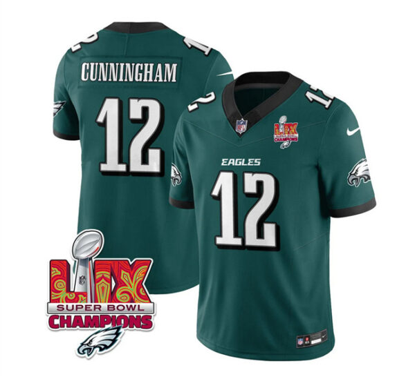 Men's Philadelphia Eagles #12 Randall Cunningham Green 2025 Eagles Logo Super Bowl LIX Patch New F.U.S.E. Vapor Limited Stitched Football Jersey