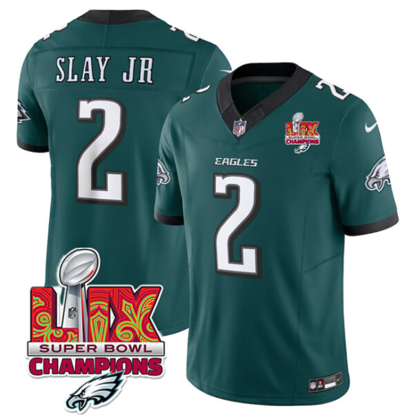 Men's Philadelphia Eagles #2 Darius Slay JR Green 2025 Eagles Logo Super Bowl LIX Patch New F.U.S.E. Vapor Limited Stitched Football Jersey