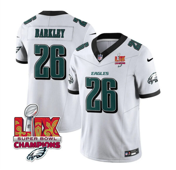 Men's Philadelphia Eagles #26 Saquon Barkley White 2025 Eagles Logo Super Bowl LIX Patch New F.U.S.E. Vapor Untouchable Limited Stitched Football Jersey