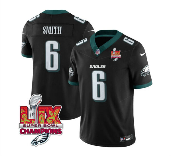 Men's Philadelphia Eagles #6 DeVonta Smith Black 2025 Eagles Logo Super Bowl LIX Patch New F.U.S.E. Vapor Limited Stitched Football Jersey