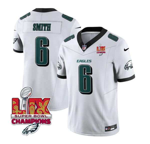 Men's Philadelphia Eagles #6 DeVonta Smith White 2025 Eagles Logo Super Bowl LIX Patch New F.U.S.E. Vapor Untouchable Limited Stitched Football Jersey