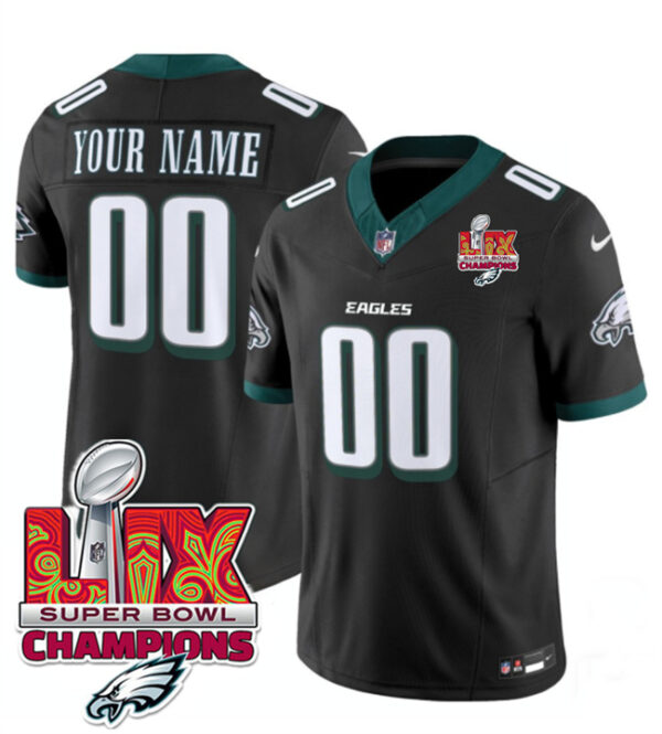 Men's Philadelphia Eagles Active Player Custom Black 2025 Eagles Logo Super Bowl LIX Patch New F.U.S.E. Vapor Limited Stitched Football Jersey